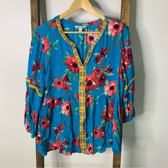 Pioneer Woman Blue Floral Blouse with Red Accents - Picture 1 of 6